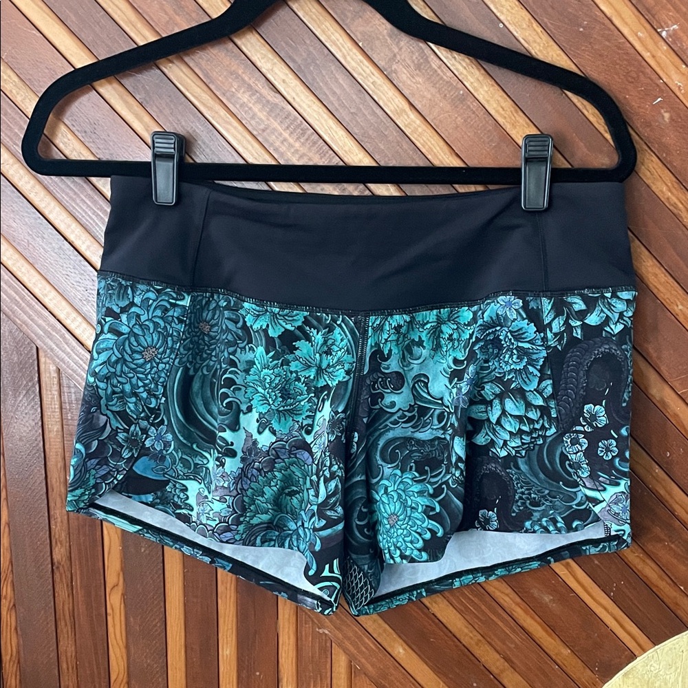 lululemon athletica Black and Teal Floral Athletic Shorts